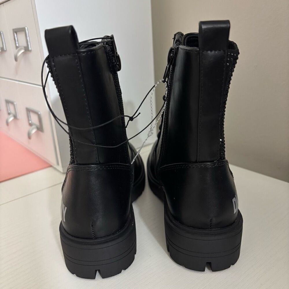 DKNY Black Faux Leather Crystal Side Zip Combat Boots Youth Girls Size 3 New - Picture 7 of 11